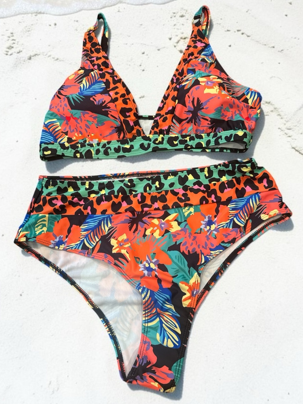 NWT Tropical Floral & Leopard High-Waist Bikini Set